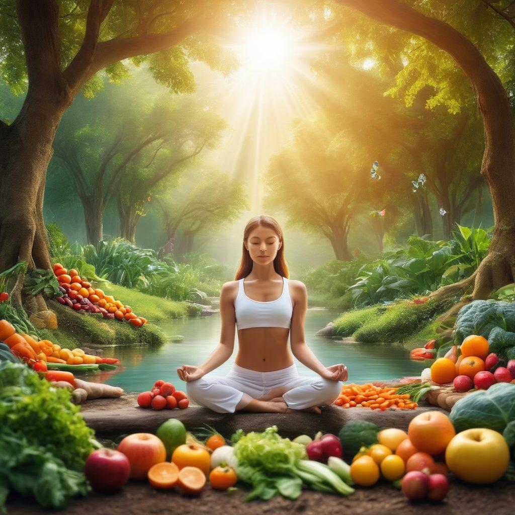 A serene landscape featuring a peaceful person meditating in nature, surrounded by symbols of health like a stethoscope intertwined with a DNA strand and vibrant fruits and vegetables. Soft sunlight filters through trees, illuminating a gentle stream nearby. The atmosphere conveys tranquility and well-being, with an infographic element subtly integrated in the background showcasing various diagnostic tests and health assessments. super-realistic. vibrant colors. peaceful ambiance.