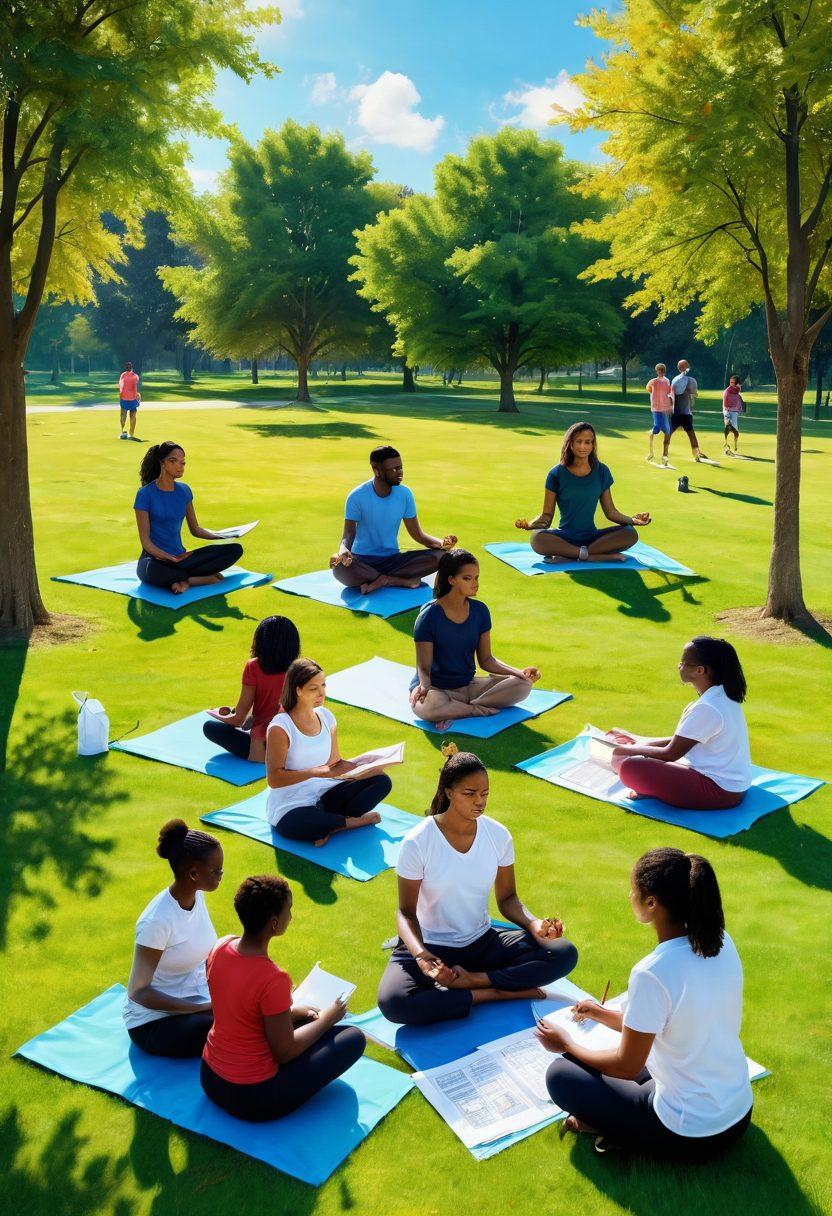 A vibrant, scenic illustration of a diverse group of people engaging in various health assessment activities, such as taking notes, reviewing charts, and discussing results in a sunlit park setting. Include elements symbolizing physical and mental health, such as fruits, yoga mats, and inspirational quotes floating in the air. The atmosphere should convey positivity, growth, and the importance of self-care. super-realistic. vibrant colors. nature background.