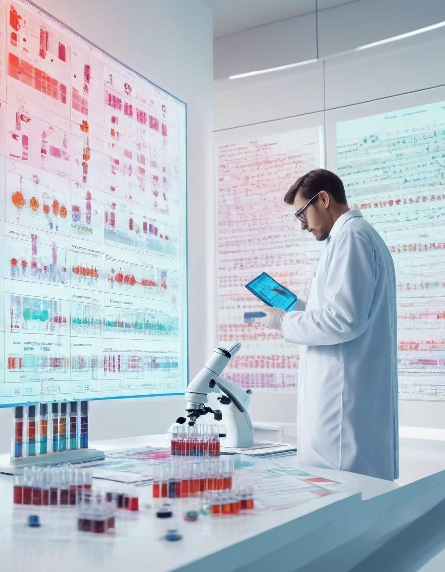 A detailed illustration of a futuristic laboratory with advanced blood analysis equipment, displaying colorful vials and biochemical charts. Include a scientist examining test results on a holographic screen, surrounded by DNA strands and molecular structures in the background. The ambiance should evoke innovation and precise diagnostics. super-realistic. vibrant colors. white background.